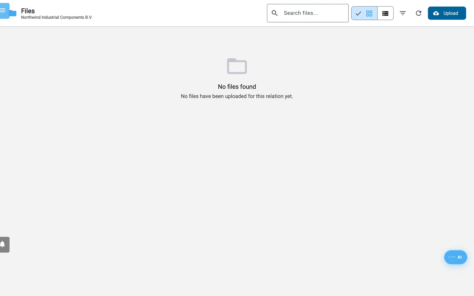 The Files screen with a search box, view switches and an Upload button above an empty folder message