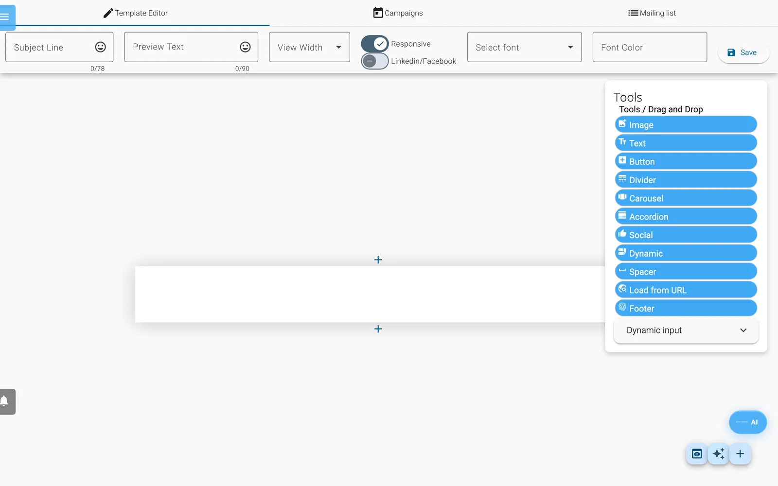 The mailing template editor with subject line, preview text, view width and font controls and a Tools palette of drag-and-drop blocks